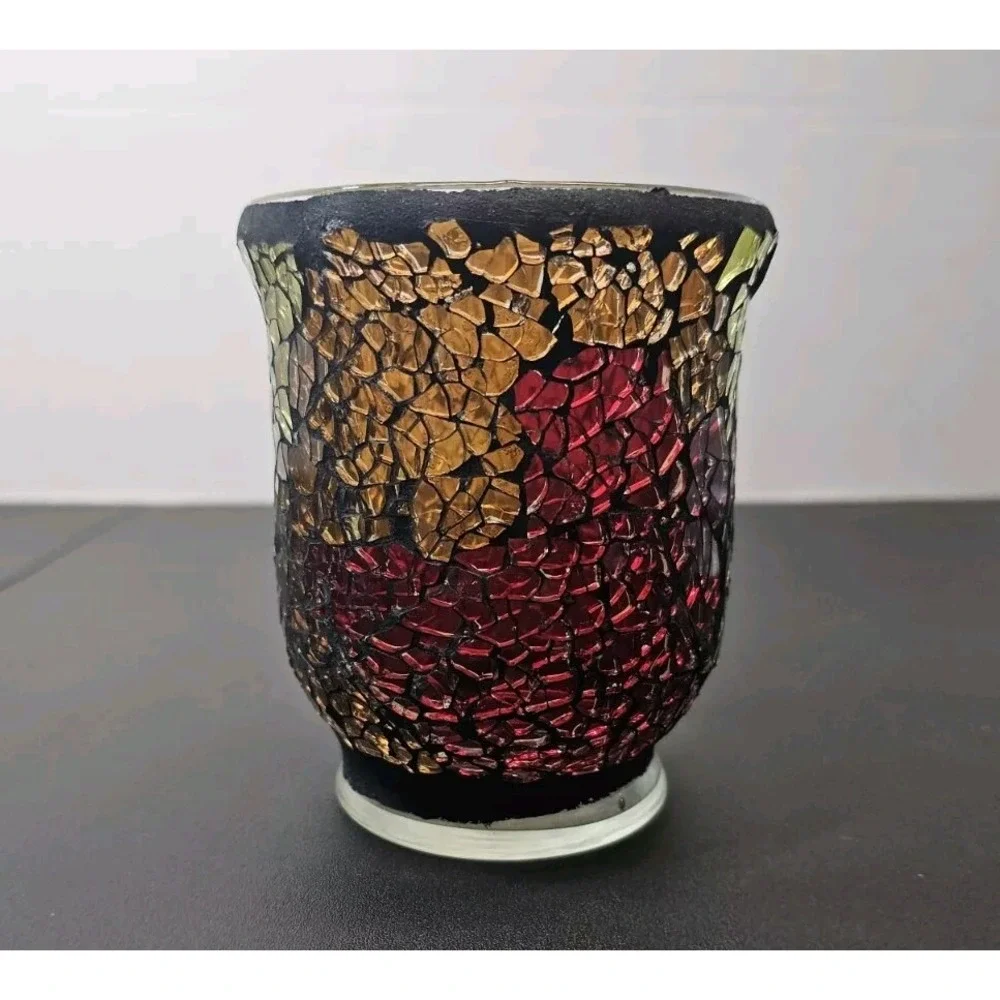HOME DECOR CRACKED GLASS CANDLE HOLDER VASE RED GREEN YELLOW ORANGE